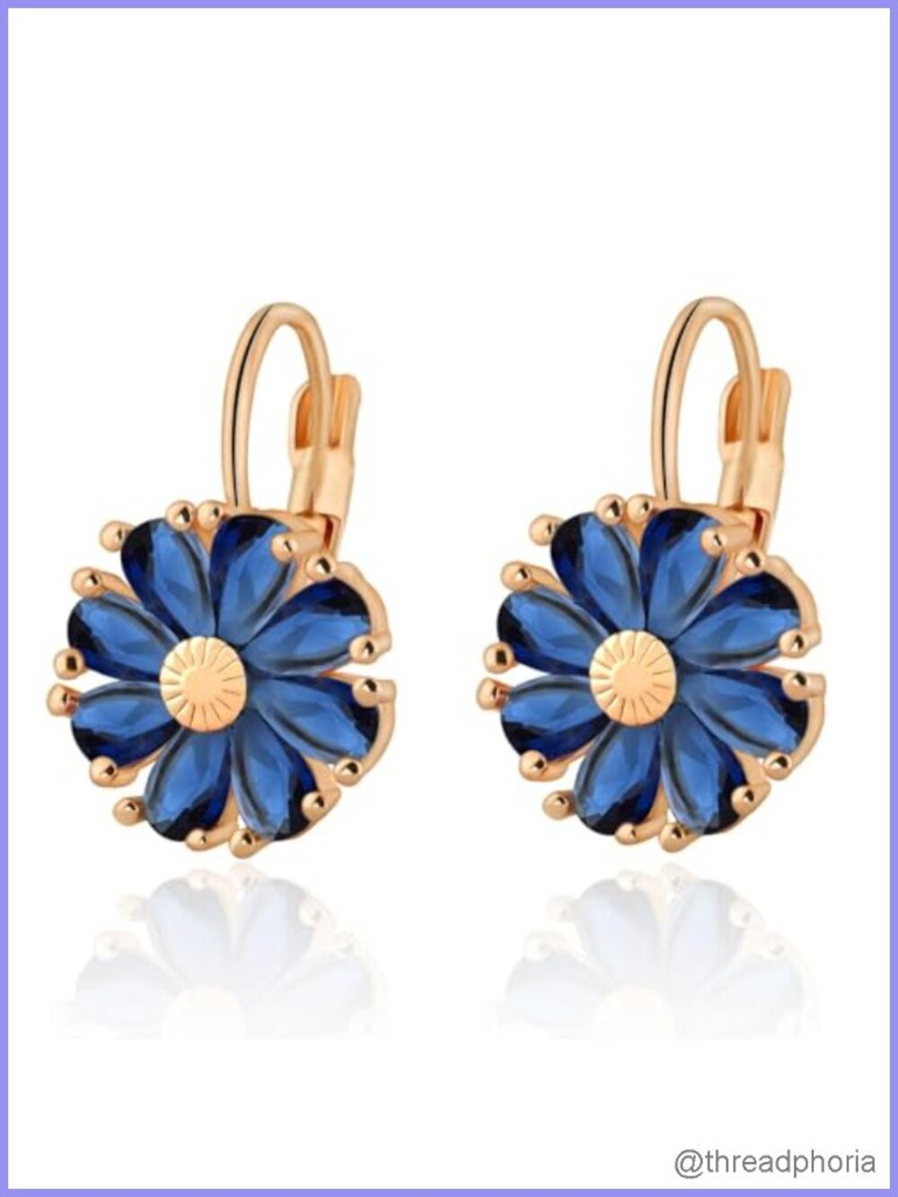 14K Gold Plated Flower Drop Earrings with Blue Sapphire Gemstones Leverback